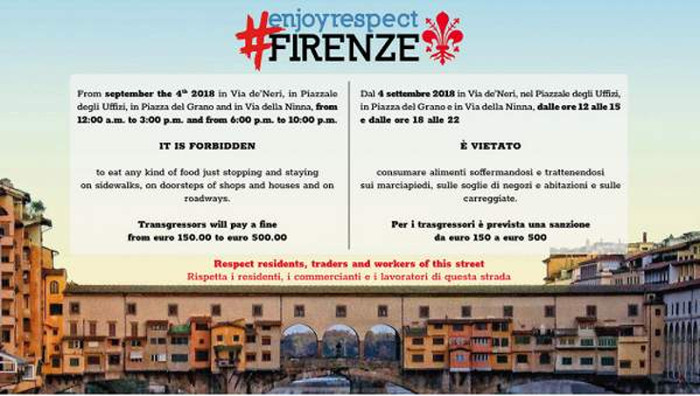 Plakat koji upozorava na zabranu konzumiranja hrane na ulicama Firence